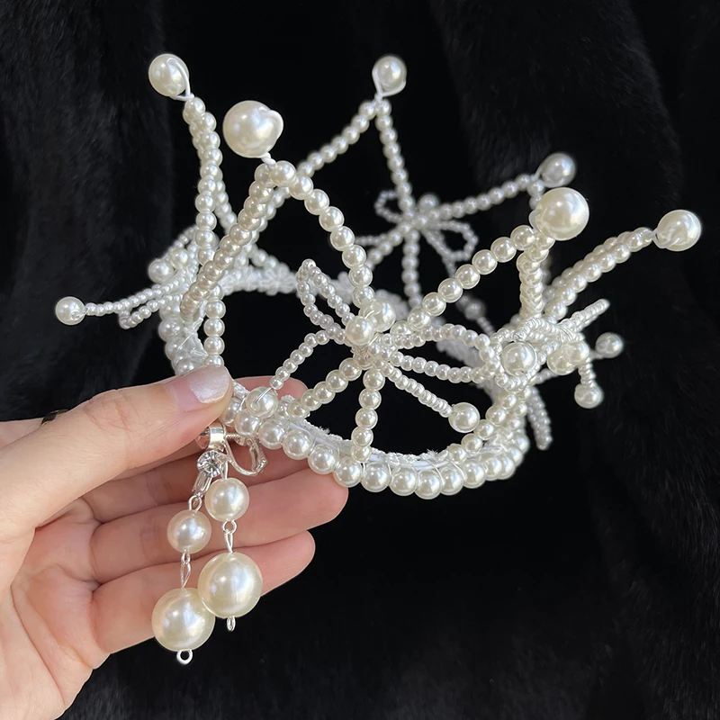 Мини-тиара ручной работы с жемчугом и кристаллами корона свадебная помощь дети