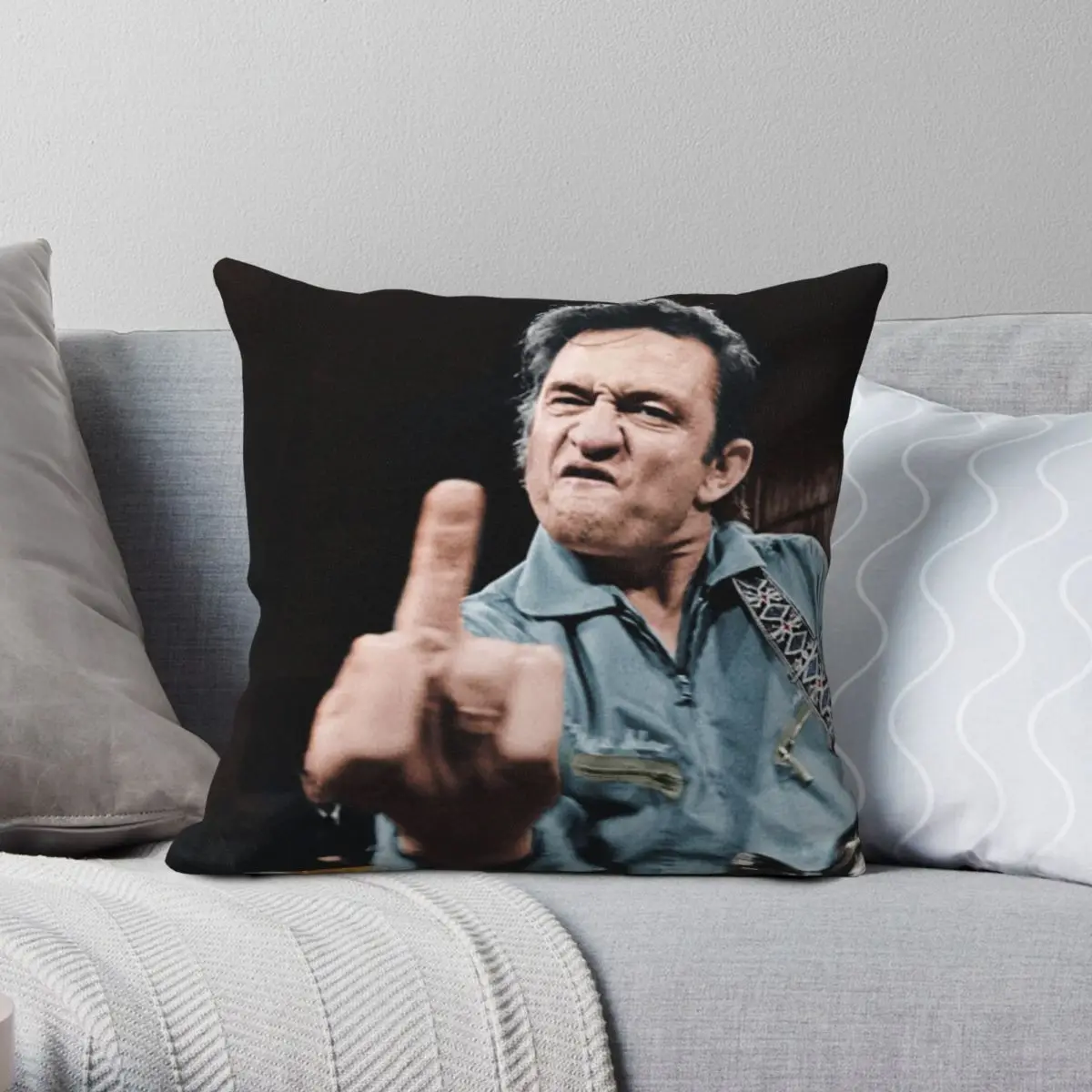 

Johnny Cash Middle Finger Square Pillowcase Polyester Linen Velvet Creative Zip Decorative Home Cushion Cover 45x45