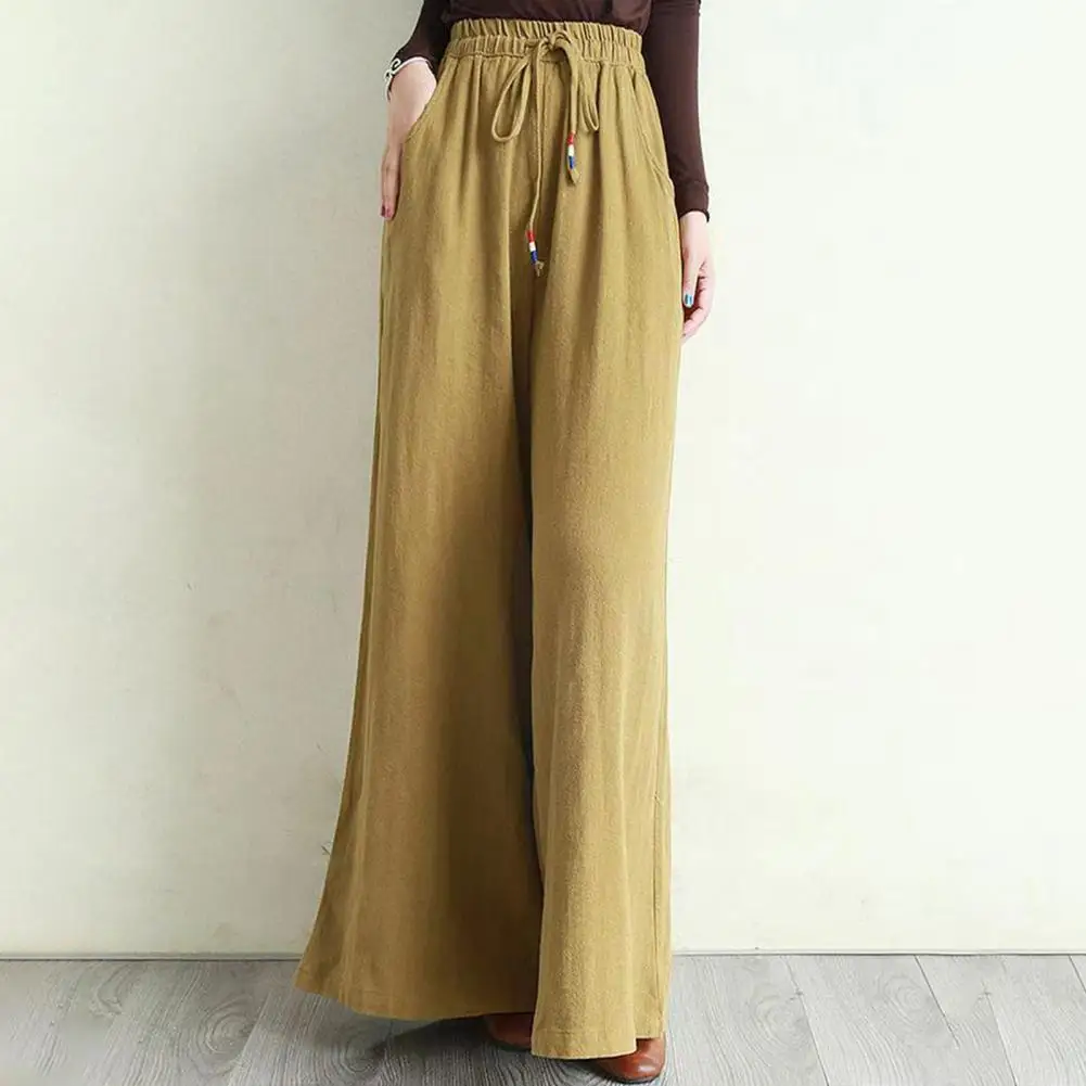 

Wide Leg Pants Solid Color Elastic Waist Cotton Linen Drawstring Long Trousers Spring Summer Loose Casual Pants Women Clothing