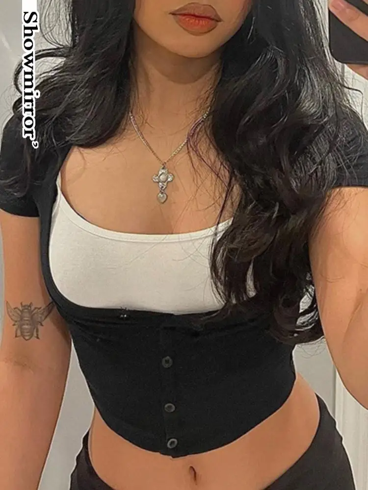 

2023 Summer Sexy Crop Top For Club Party Fake Two T-shirt Spice Girl Tshirt Cute Kwaii Lace Up Cropped Top Fairy Grunge