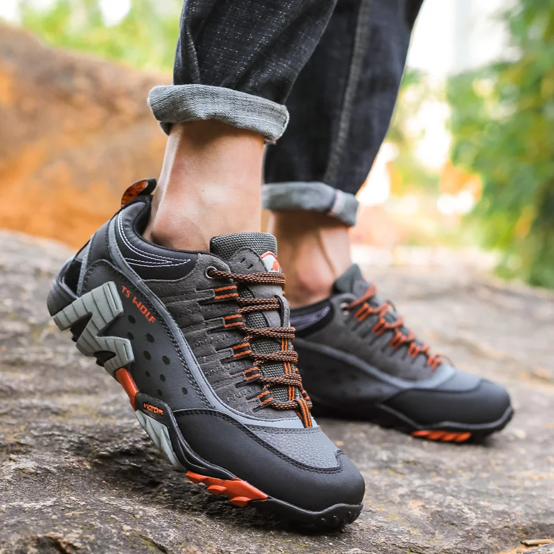 JIEMIAO High Quality Couple Hiking Shoes Outdoor Genuine Leather Trekking Shoes Waterproof Non-Slip Climbing Travel Men Sneakers
