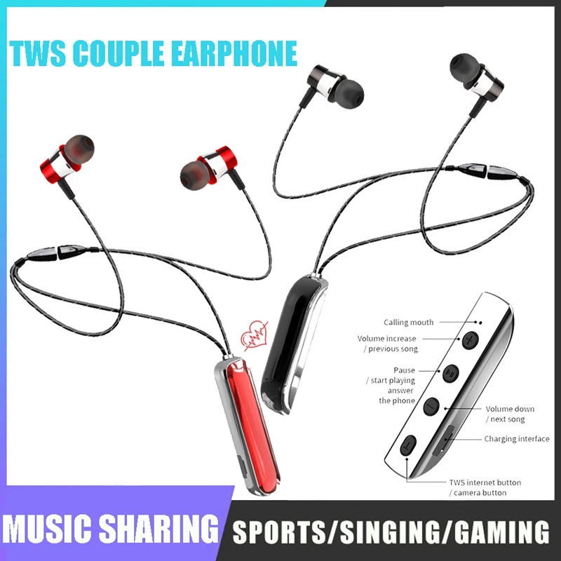 

TWS Couple Earphone Bluetooth Necklace Earphones Wireless Music Share Earbuds 9D Stereo Metal Headset with Mic Selfie Control
