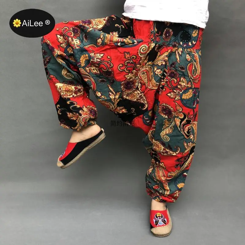 

Linen Fluid Big Crotch Floral Trousers Boho Casual Low Drop Crotch Bloomers Pants Elastic Waist Indian Nepal Baggy Harem Pants