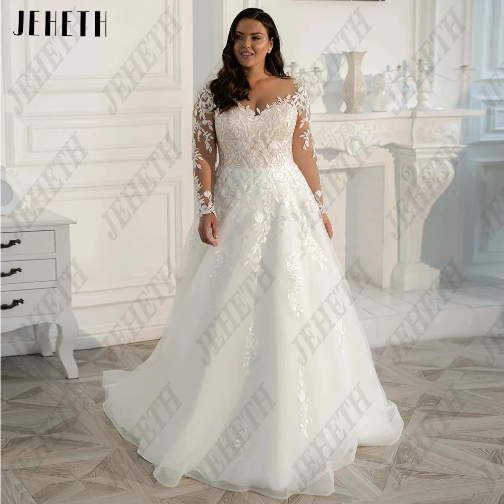 

JEHETH Elegant Wedding Dresses Plus Size O-Neck Long Sleeves Zipper Back Bride Gowns Lace Applique A-Line vestidos de novia