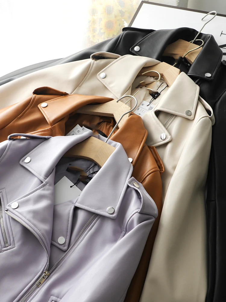 Spring Autumn Women Zippers V-neck Faux Leather Jacket Minimalist Neutral Style Brown Motorcycle Jacket PU Streetwear Coats