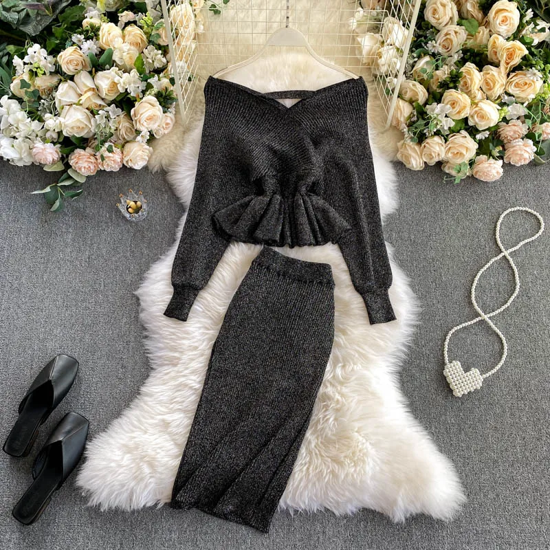 

The New 2022 Women's Smart Clavicle Jacket Knit Skirt Two-piece Set