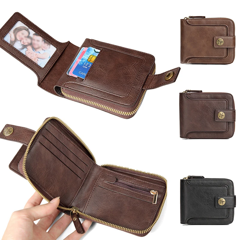

Vintage Men's Wallet PU Leather Short Purse Men Hasp Zipper Clutch Credit Card Holder RFID Blocking Zipper Pocket Male Walet
