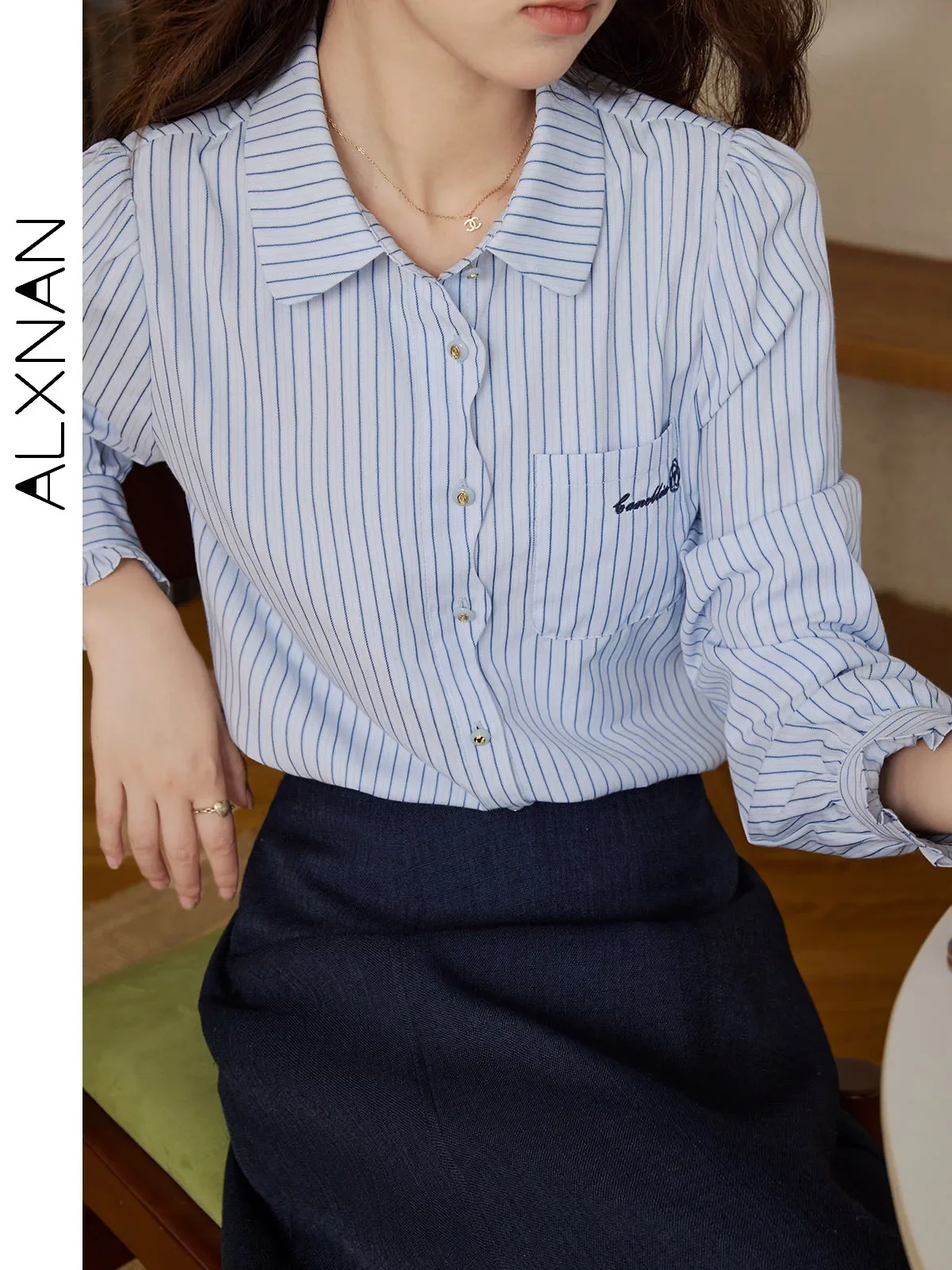 ALXNAN женские рубашки в полоску консервативном стиле простые с воротником