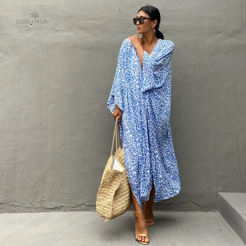 

2022 Blue Sexy Bikini Cover-ups Casual Long Sleeve Ankle Length Belt Long Kimono Dress Women Beach Wear Swim Suit Cover Up A1043