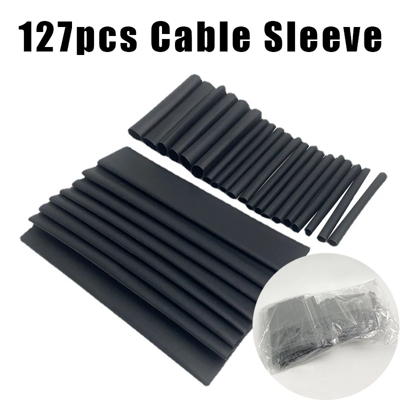127pcs Black Cable Sleeve Wires Wrap Tubing Wire Connect Cover Protection Electric Waterproof Shrinkable 2:1 Heat Shrink Tube