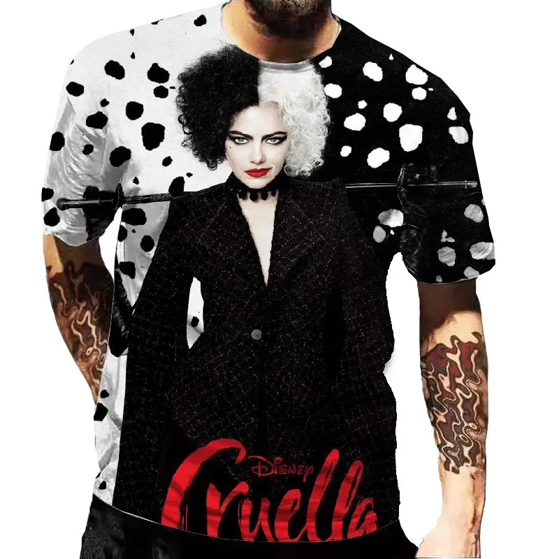 

Новые футболки Disney, уличная одежда с 3D принтом фильмов Cruella de Vil для мужчин и женщин, Повседневная модная футболка большого размера, Детские ф...