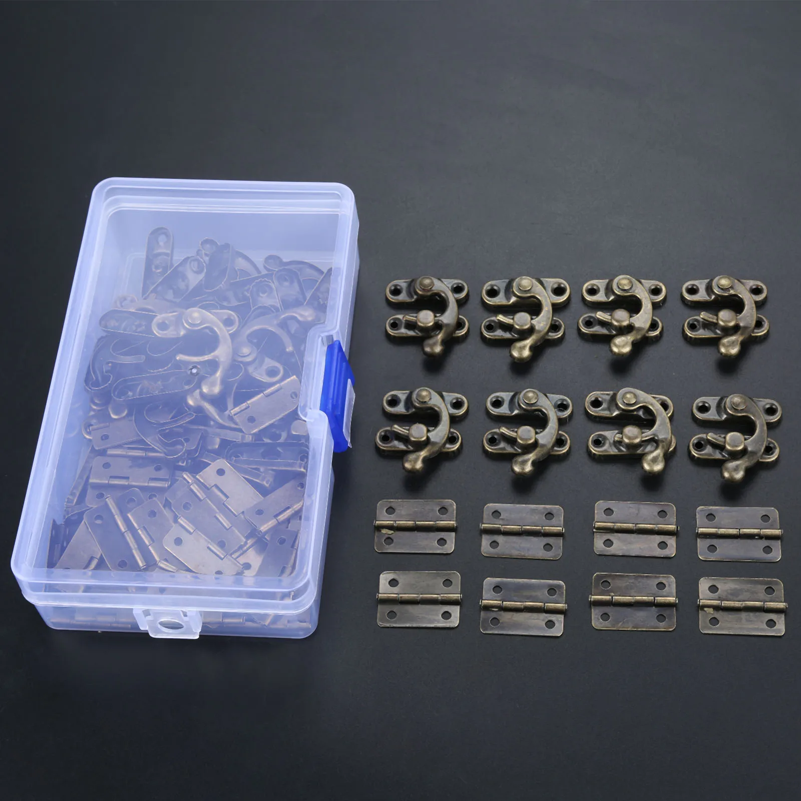 

24pcs Vintage Horn Latch Clasp Buckle+50pcs Retro 4 Holes Flat Hinges w/screw+Box Antique Bronze Furniture Hardware Cabinet Case