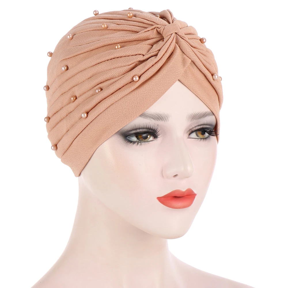 

New Beaded Hijab Hat Women Muslim Pleated Chemo Cap Beanies Bonnet Hat Cancer Skullies Arabic Headscarf Hair Loss Headwear Wrap