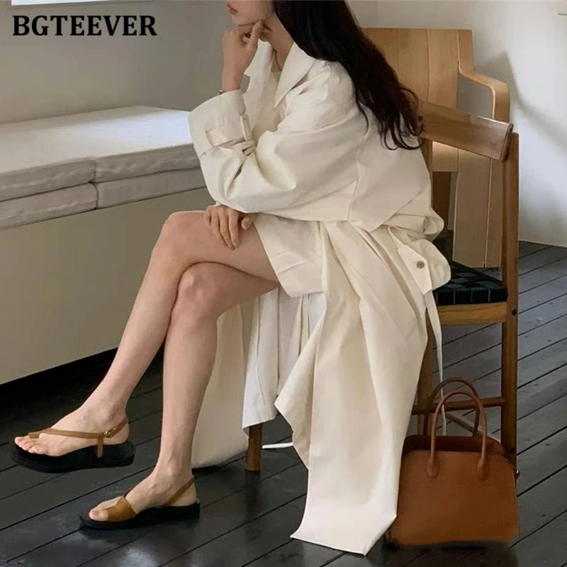 Модный женский однотонный длинный Тренч BGTEEVER с отложным воротником повседневная