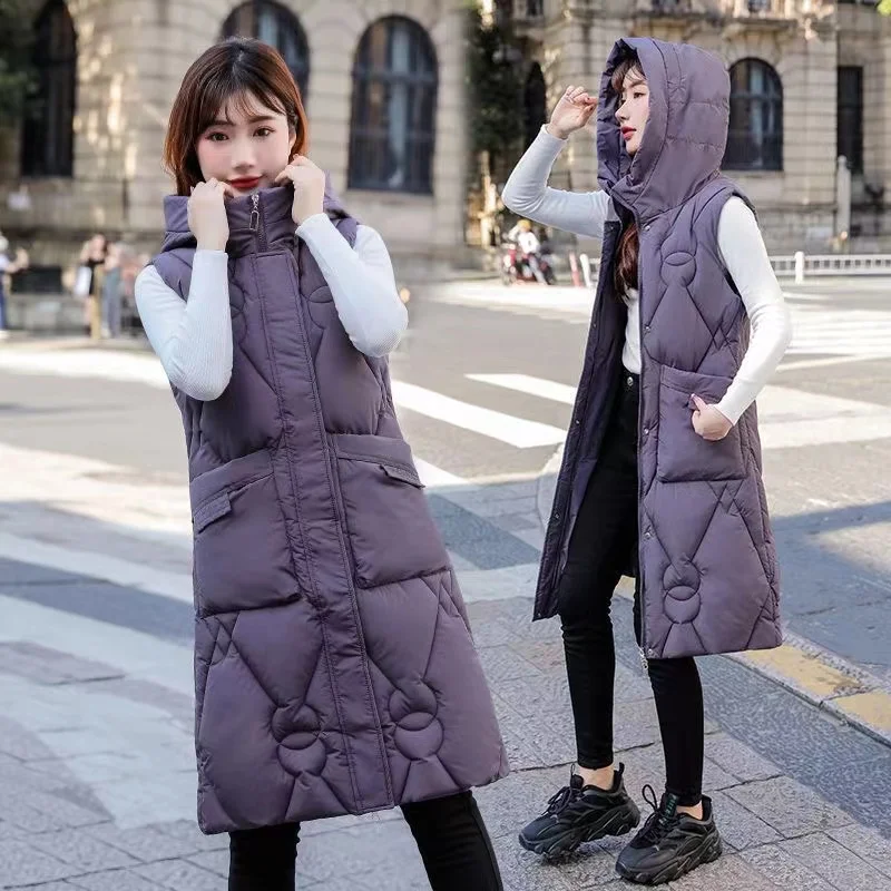 

Женский хлопковый пуховик, куртка без рукавов, теплая Повседневная Длинная безрукавка с капюшоном, зимняя женская верхняя одежда, жилет с подкладкой, женский жилет, 2023