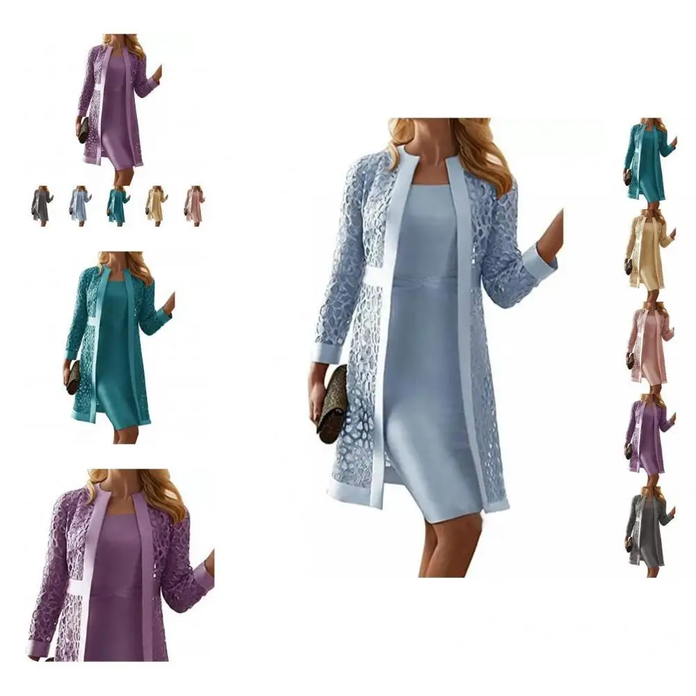 

2Pcs/Set Elegant Cardigan Lace Female Coat Long Sleeve Middle Dress Coat Set