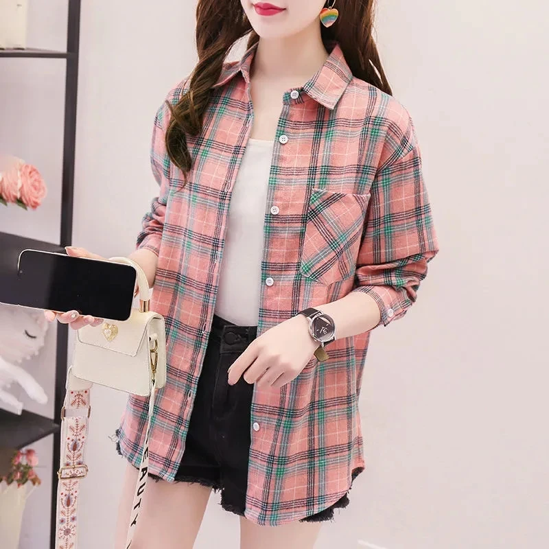 Женская хлопковая блузка в клетку с длинным рукавом XZ619 | одежда