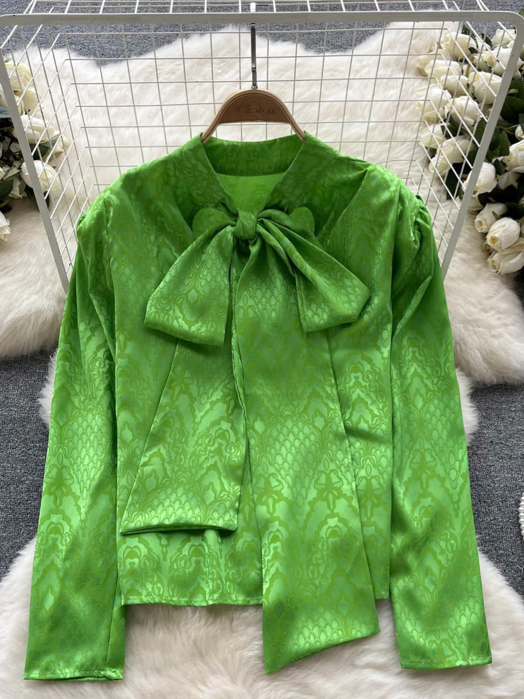 

Women Spring Blouse New French Style European American Temperament Vintage Bow Long-sleeved Shirt Chic Top Trend D3146