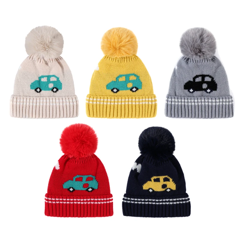 

Шапка для маленьких мальчиков, милая детская шапка с помпоном, Шапка-бини, осенне-зимние теплые вязаные детские шапки для девочек, Однотонны...