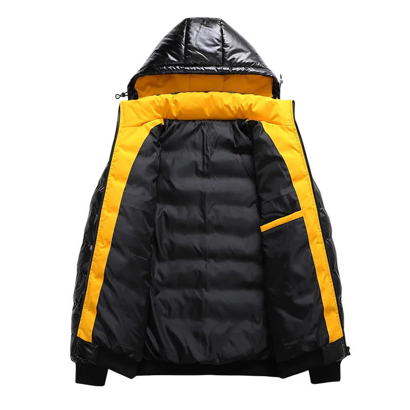 Didiboer Winter Men Hooded Reflective Jackets Men Thicken Parkas Hat Detachable Casual Warm Cotton Parka Jacket PU Leather Coats