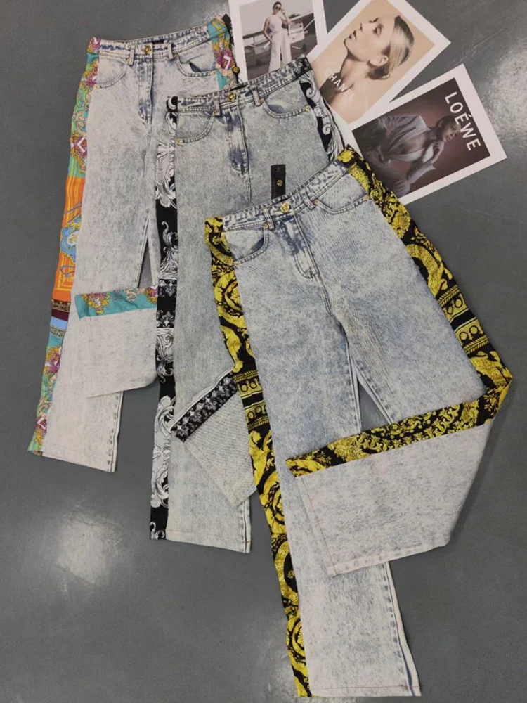 

Retro fashion spring new tide brand women's trousers printed on both sides of the color matching jeans straight loose casual pan