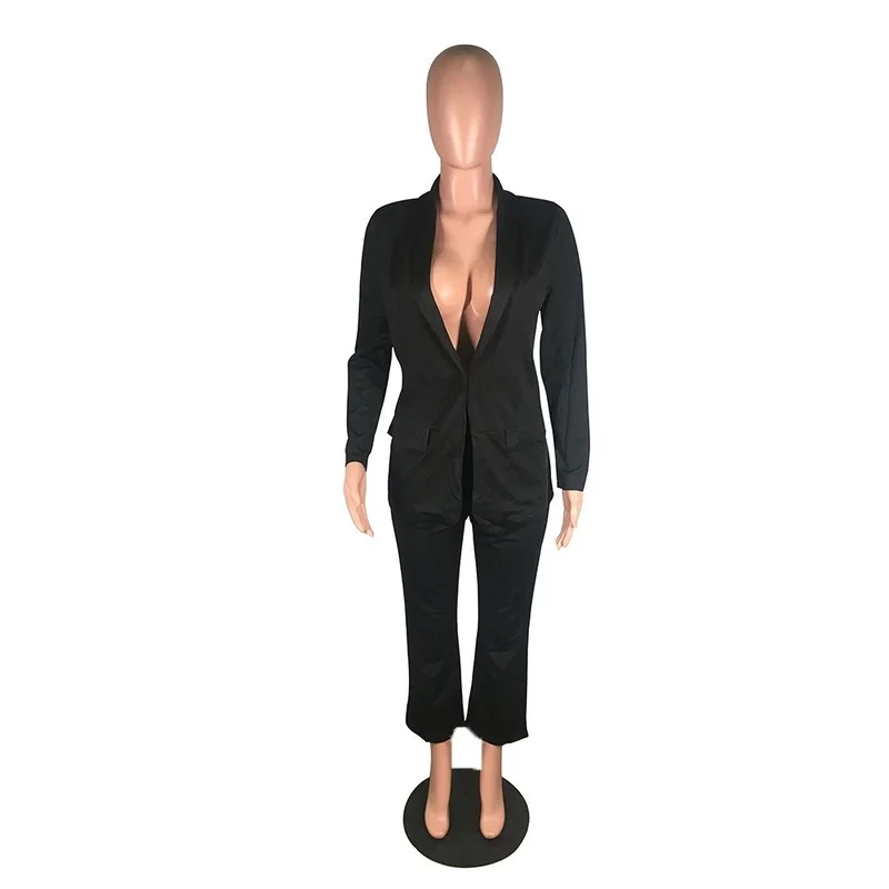Casual Commute Cropped Pants Suits Solid Color Mid Length Blazer with Pocket Classic Office Blazer Suit Two Piece Set 2021 Women