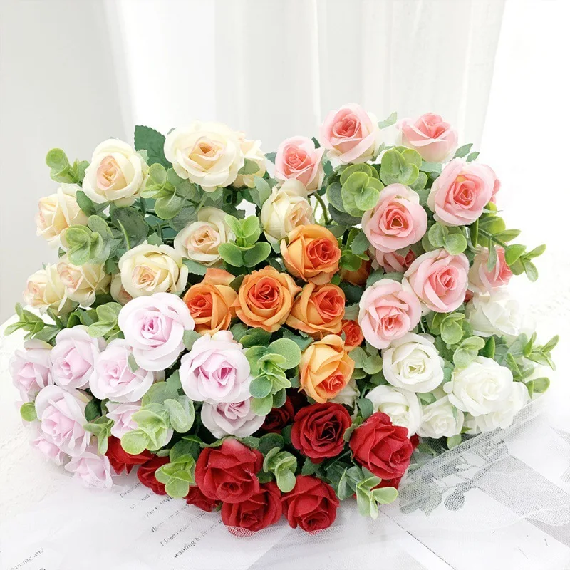 

Искусственные цветы, 10 цветов, Шелковая Роза, белые листья эвкалипта, Букет пионов, искусственный цветок для свадебного стола, искусственная ваза, домашний декор