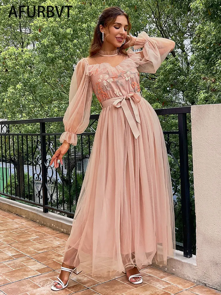 

Новинка 2022 г., Стильное женское вечернее длинное платье с длинным рукавом и круглым вырезом, модное длинное женское бальное платье, розовое ...