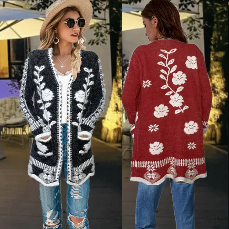 

New Women's Medium length Knitted Shirt Outerwear Sable Wool Jacquard Knitted Cardigan Sweater Women