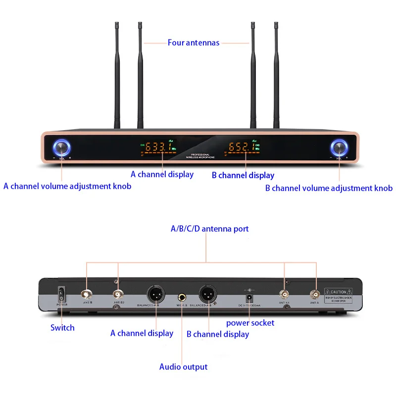 Wireless Microphone 2 Channel Handheld Dynamic Karaoke UHF Band Metal Body for DJ Party Stage Church Performance |