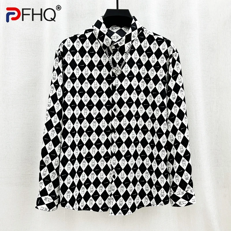 

PFHQ 2023 Summer New Fashion Plaid Shirts For Men Turn-down Collar Long Sleeve Single Breasted Loose Men's Blouse Tide 21F3817