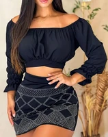 sexy mini skirt set two pieces night club clothes off shoulder crop top rhinestone decor skirt set casual summer streetwear