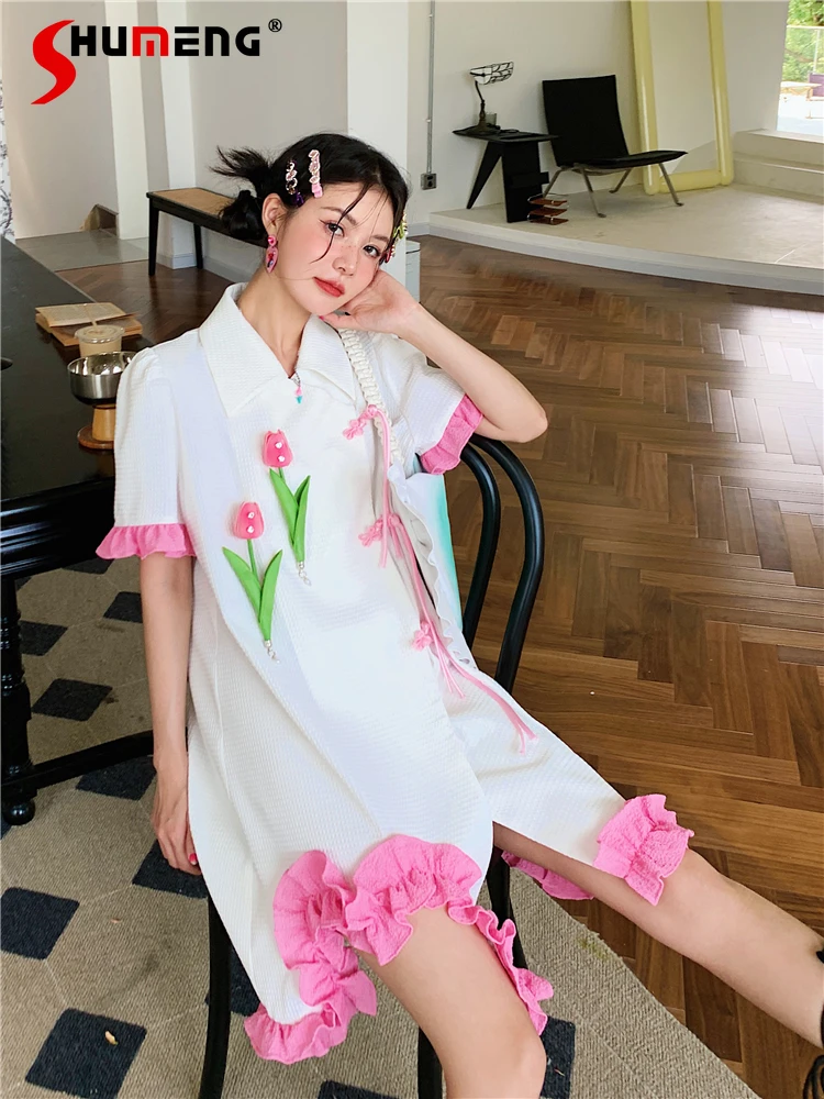 

Vintage Three-Dimensional Flower Tassel Buckle Improved Cheongsam Dress Woman's Summer Wave Ruffled Dress Party Vestido De Mujer