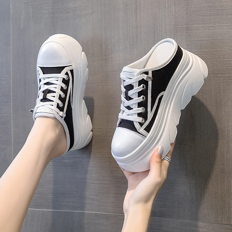 2023 New 9cm Canvas Genuine Leather Women Summer Shoes Wedge Sneakers Platform Slippers Shoes Slip on Sandals Slideds High Heel