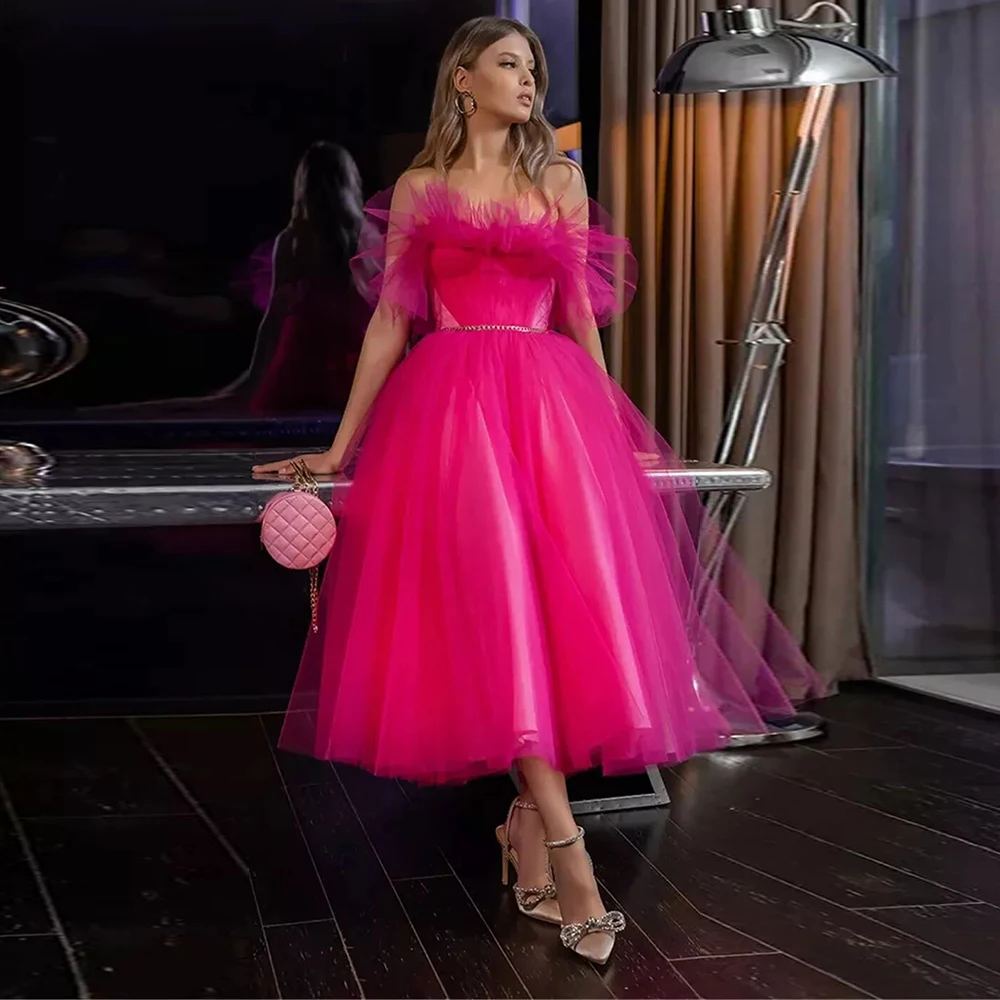 

Strapless Fuchsia Ruffles Prom Dress Tea Length A-line Tulle Princess Evening Party Dress Sexy Open Back Evening Gown 2022