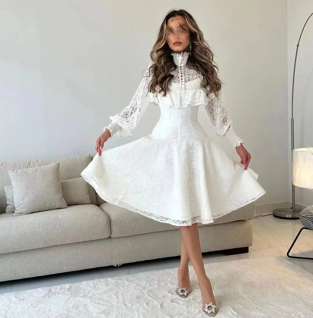 

Saudi Arabia A Line Lace Short Prom Dresses with Long Sleeves Jackets Homecoming Party Evening Girls' Wear Graduation Dress