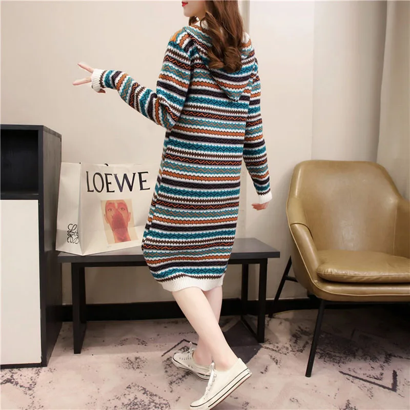 Длинные свитера для женщин мода 2025 года с длинным рукавом в полоску элегантный