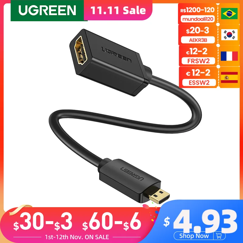 

UGREEN 4K Micro HDMI-compatible Adapter High-Speed Male to Female 4K 3D for Raspberry Pi 4 GoPro 22cm Mini HDMI-compatible Cable