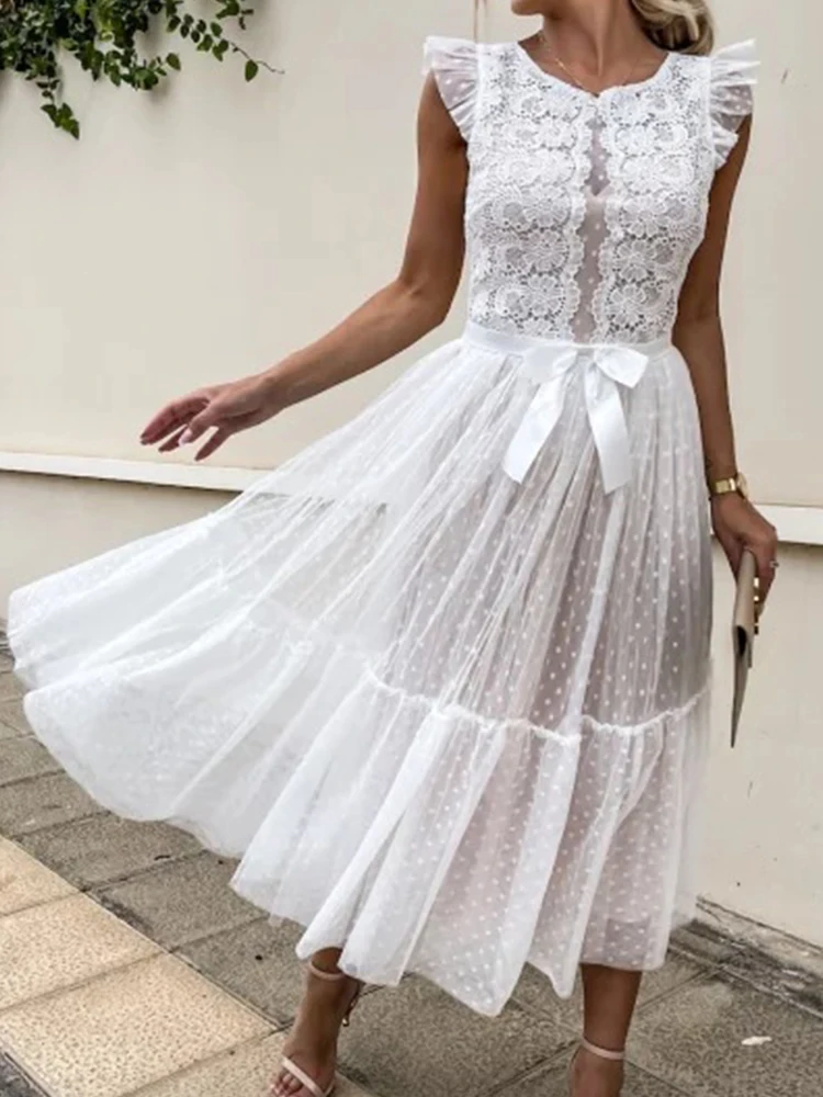 

Elegant O Neck Polka Dot Lace Mesh Party Dress Fashion Tie Up Embroidered Bridesmaid Dress Women New Sexy Sleeveless Slim Dress