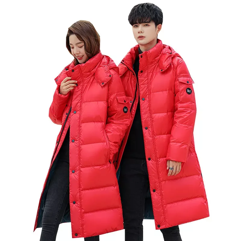 2022New Red Winter Coat Men's Women  90% White Duck Down  Thick （Winter) Warm X-Long  Jacket  Fashion Hooded Cold Resistan