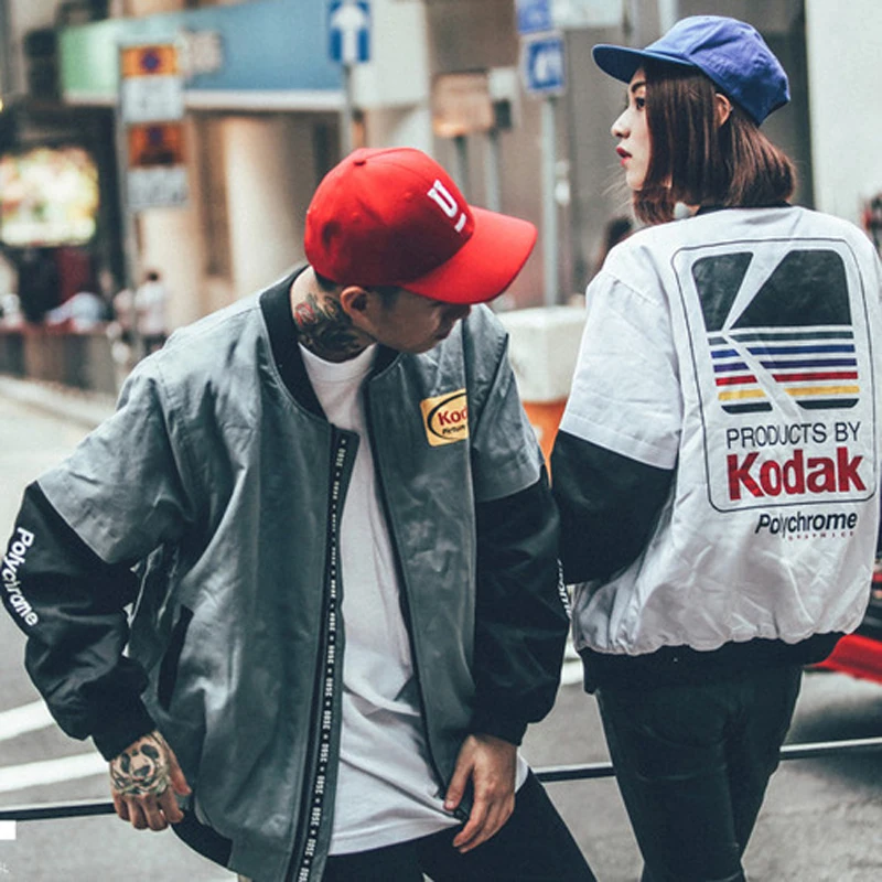 

Korean Harajuku Bomber Jacket Men Woman Retro Streetwear Kodak Printing Couple Baseball Jackets Color Matching Plus Size Jacket