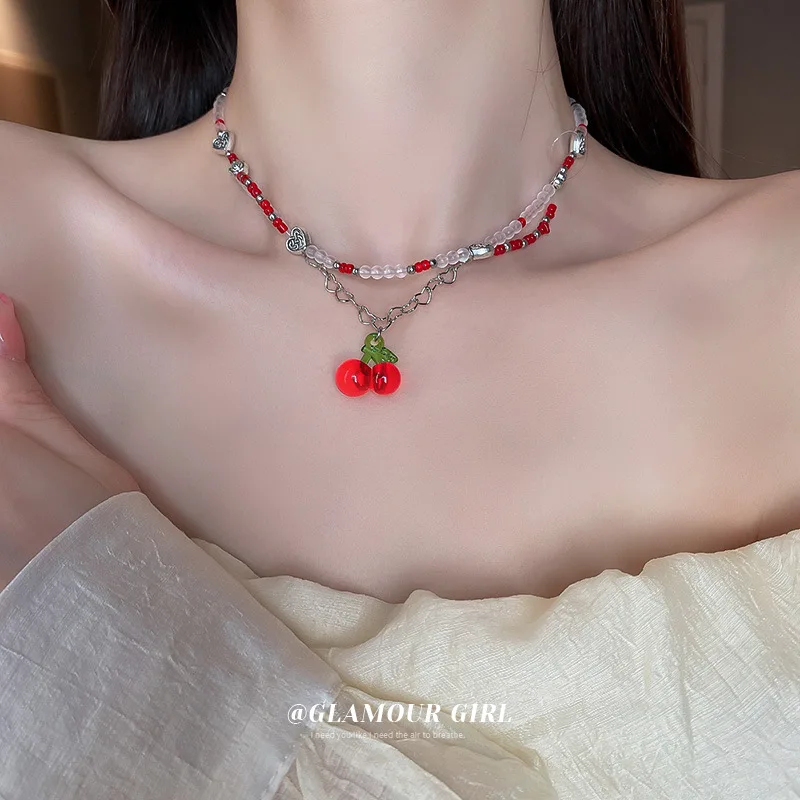 

Korean Chic Double layers Cute Beads Pendant Necklace Party Wedding Jewelry