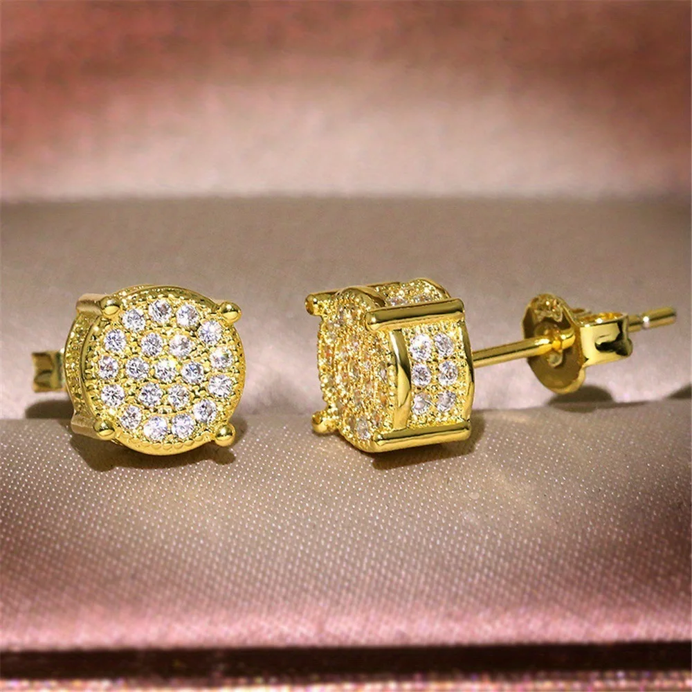 Позолоченные серьги-гвоздики в стиле хип-хоп с цирконием для женщин круглые