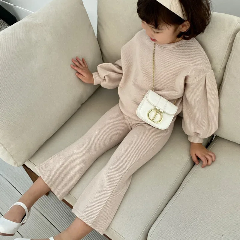 

2022 Autumn and Winter Children's Pullover Sweater Spot Solid Color Trendy Girl's Rib Set