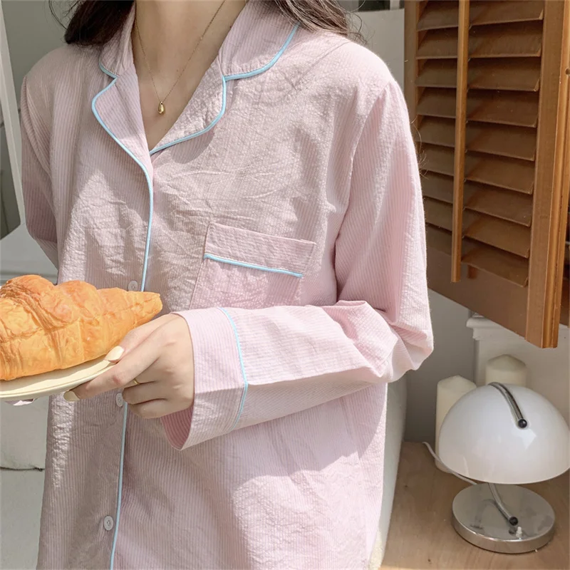 Autumn New Couple Striped Pajamas Set Long-Sleeved Lapel Home Clothes Two-piece Simple Ins Women Loose Cotton Pajamas Sweet D471