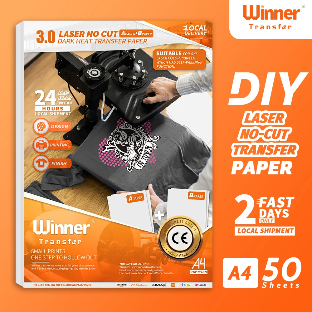 Winner Transfer -50%Laser No-Cut Dark Thermal Transfer Paper  A Paper+B Paper for Textile  A4 Printer Paper for T Shirt 50Sheets