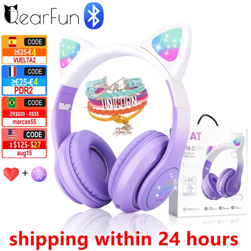Gradient Cat Ear Headphones Wireless with Mic Flash Light Stereo Phone Music Bluetooth Headset Kids Girl Headset Gamer Gifts