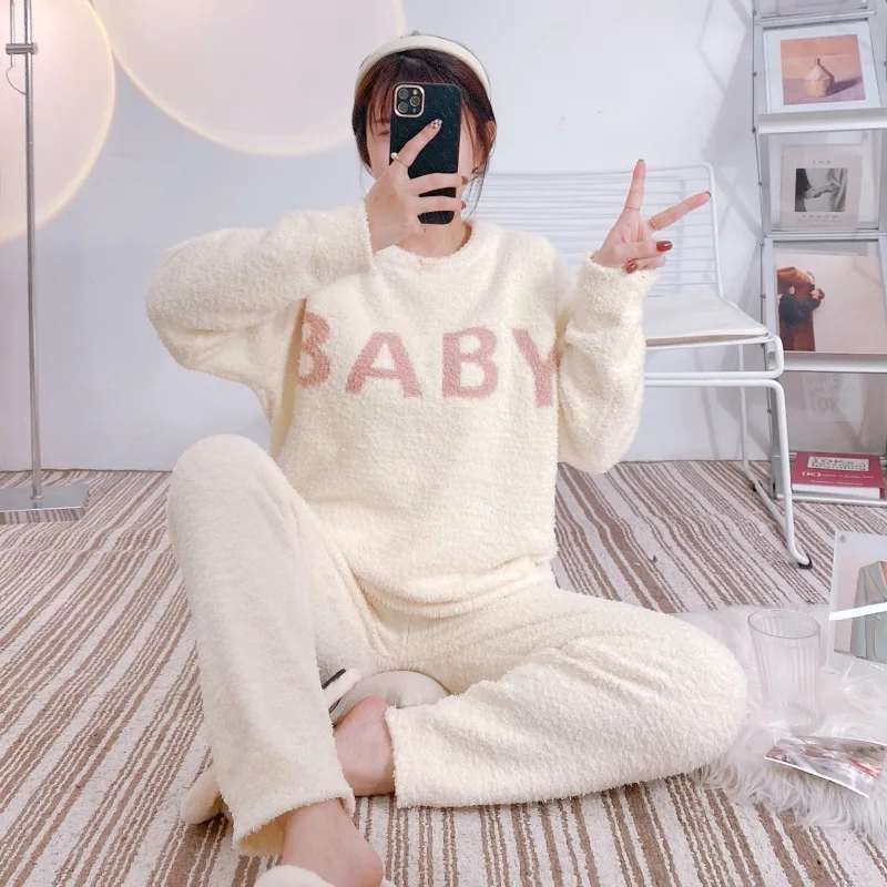 Winter Woman Pajama Loungewear Pyjamas High-End Feather Yarn Free Shipping Warm Nightwear Clothes Lady 2 pieces Set Nightie