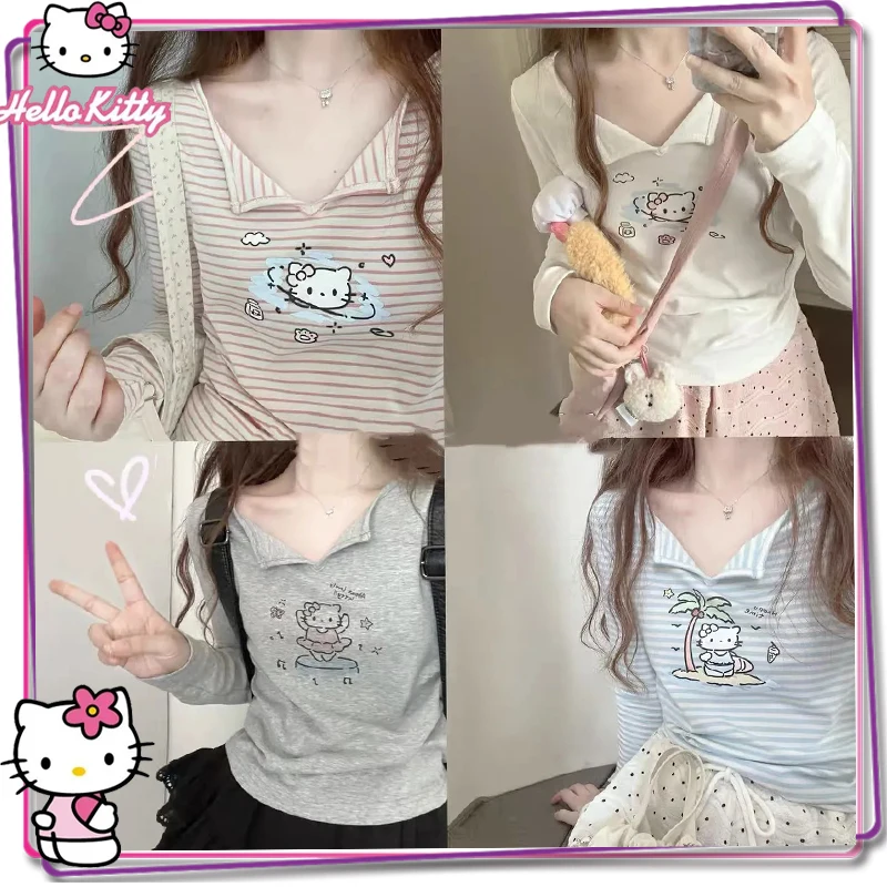 

New Sanrio Hello Kitty Long Sleeve Irregular Cartoon Autumn Print Ktcat T-Shirt Women's Slim Fit Sweet V-Neck Outerwear Top Gift