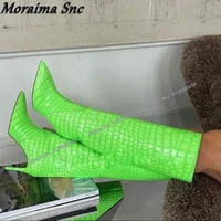 moraima snc green alligator print knee high boots for women pointed toe slip on boots stilettos high heels runway shoes on heel